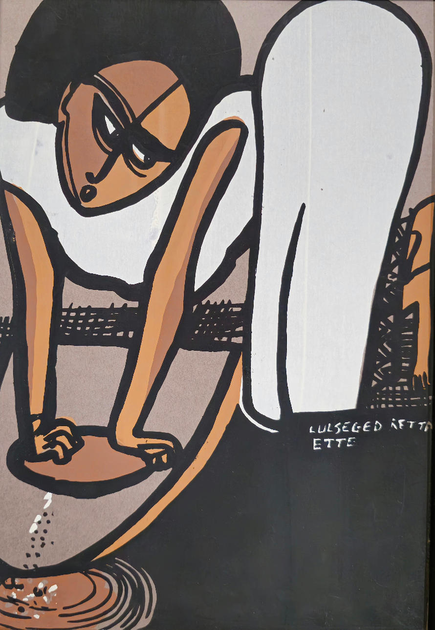 LULSEGED RETTA. WOMAN GRINDING. OIL ON CANVAS. Art - Paintings - Auctionet