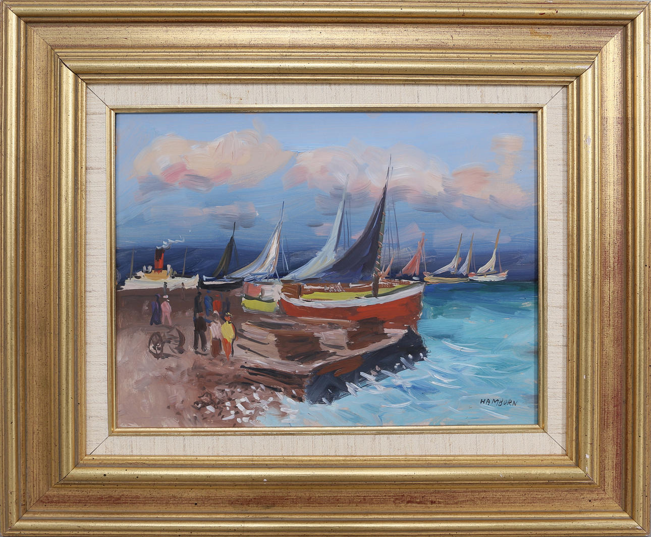 AXEL HAMBORN. Hamnmotiv, olja på pannå, 1900-talets mitt.