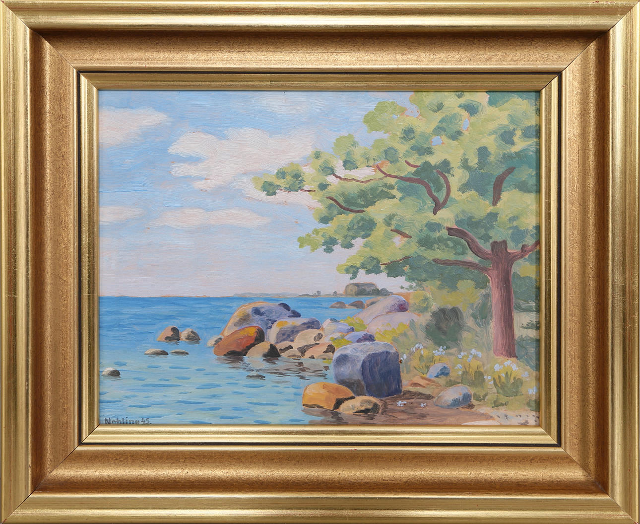 OIDENTIFIERAD KONSTNÄR. olja på pannå, signerad Nobling och daterad 1945.