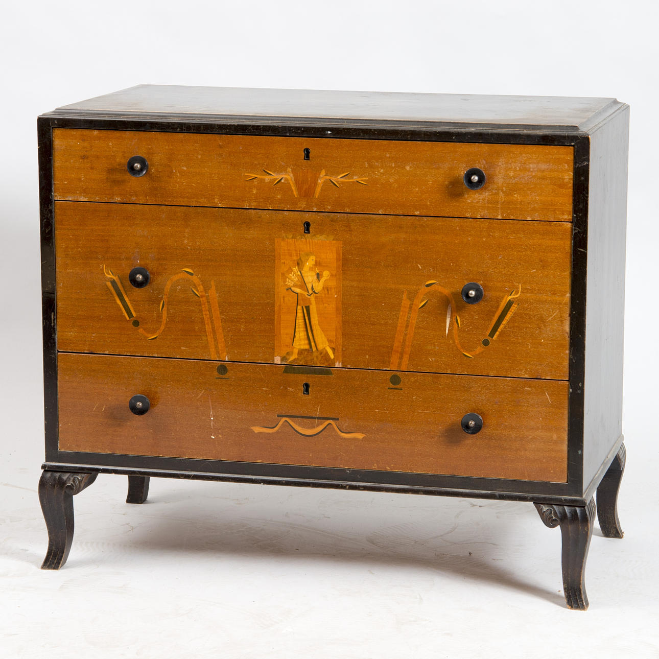 BYRÅ, 3-lådig, björk/alm med intarsia, Art Deco.