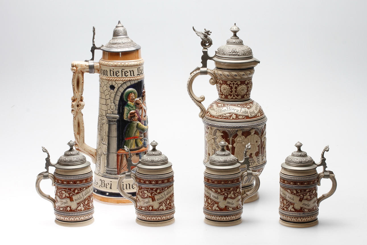 KANNOR, 2 st samt STOP 4 st, Keramik med tennlock. Tyskland 1900-tal.