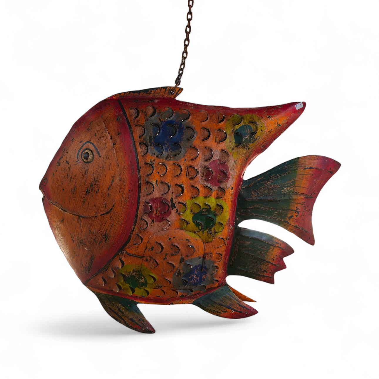Large fish figure to hang in brightly colored patinated metal. To put ...