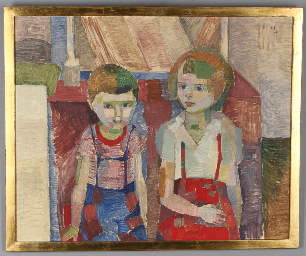 FRITZ SJÖSTRÖM. Syskon, olja på pannå, monogramsignerad och daterad -60.