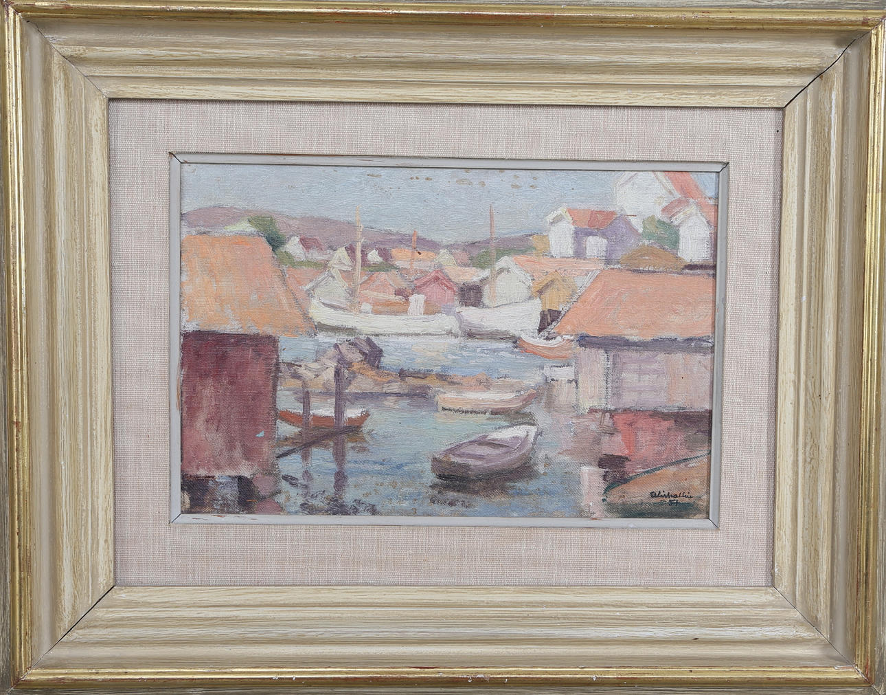 ELLIS WALLIN. Sol över båtar och sjöbodar, olja på pannå, signerad.