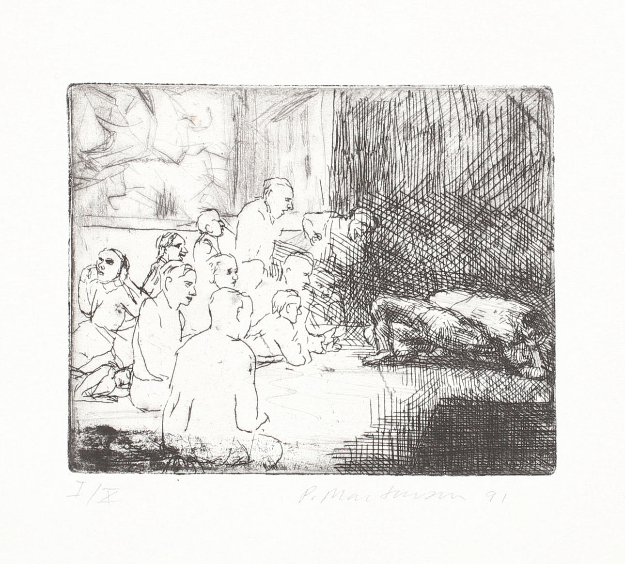 PETER MARTENSEN. Slagsmål, etsning nr I/X, signerad P Martensen och daterad -91.