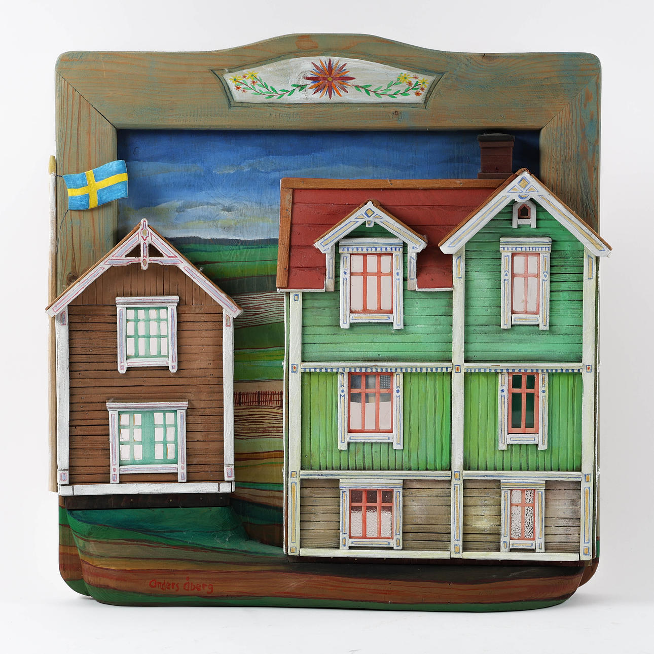 ANDERS ÅBERG. Wall sculpture, house facades, mixed media, signed.