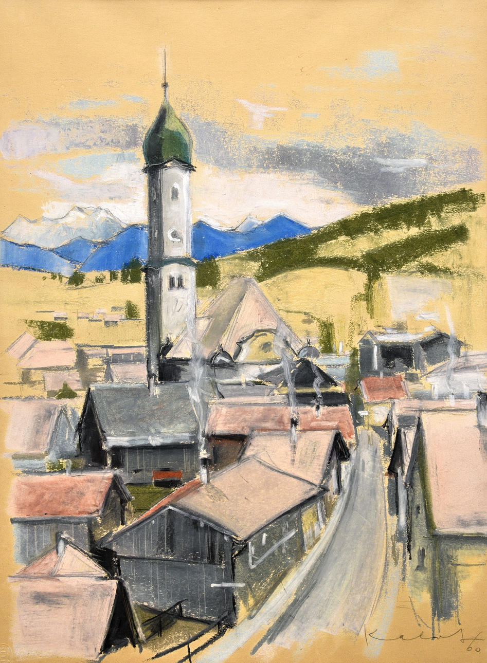 KALOT, WALTER (1909 GLATZ - OBERSDORF). ”Schöllang med församlingskyrkan St Michael”.