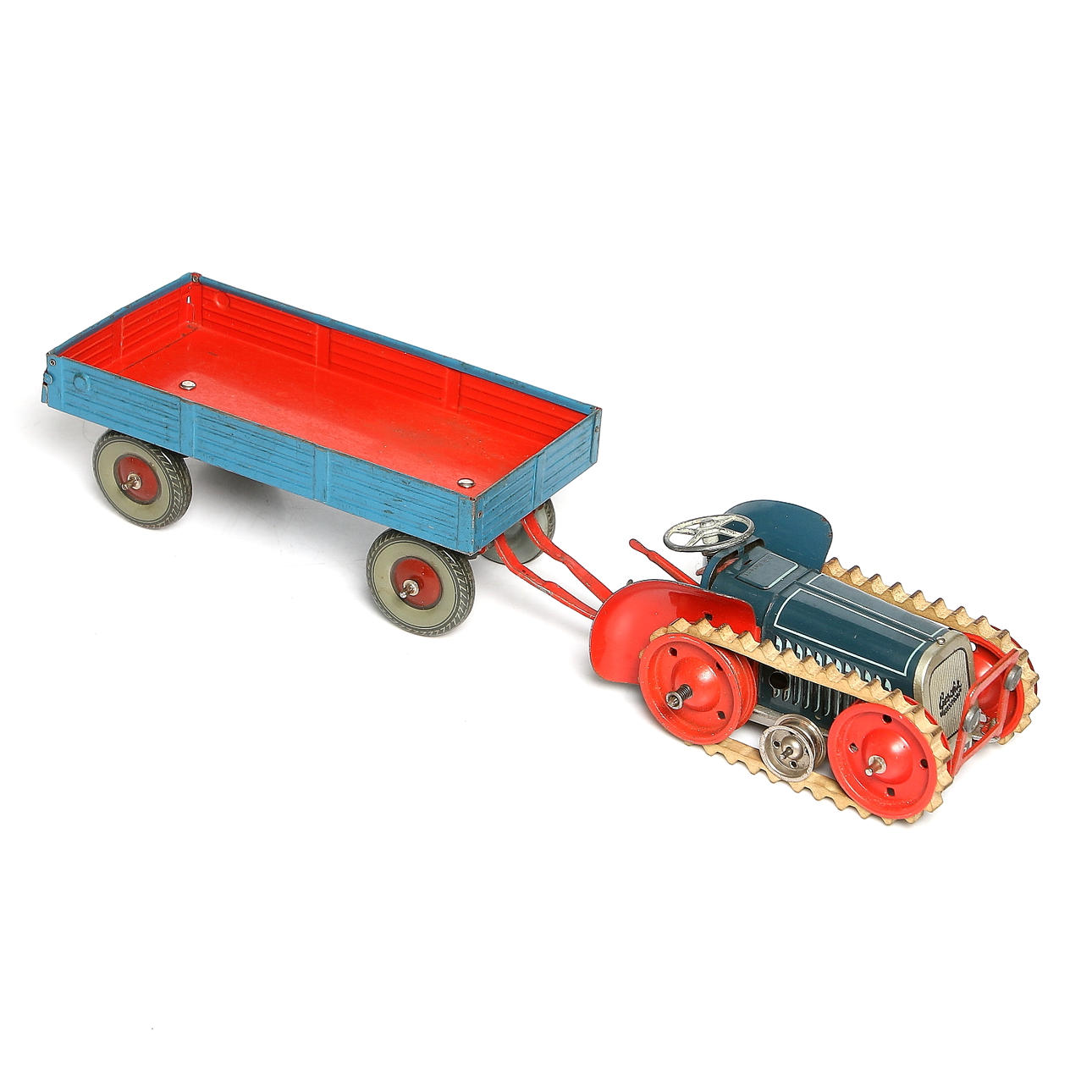 PLÅTLEKSAK, bandtraktor, "Gescha 71-2" med VAGN, 1900-talets mitt.