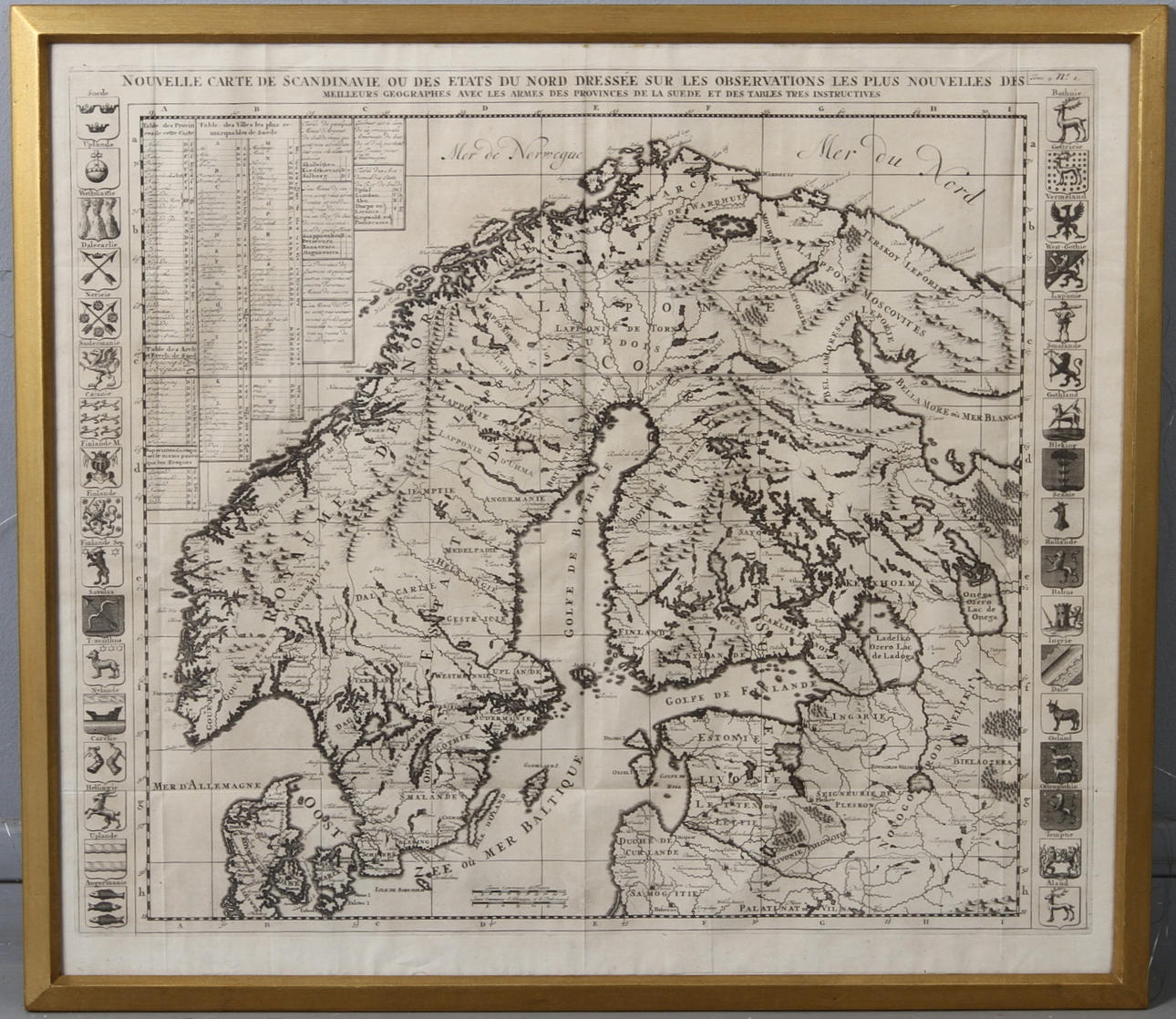 KARTA, "Nouvelle carte de Scandinavie, ou, des etats du Nord dressée sur les observations les plus nouvelles des meilleurs geographes avec les armes des provinces de la Suede et des tables tres instructives.", 1700-tal.