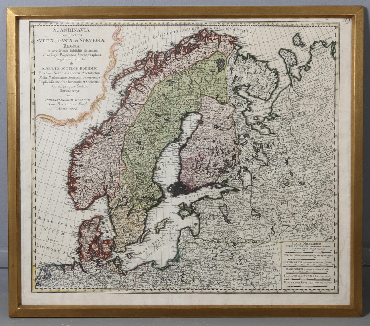 KARTA, "SCANDINAVIA complectens SVECIAE, DANIAE et NORVEGIAE REGNA ex novissimis subsidiis delineata et ad Leges Projectionis Stereographicae legitimae reducta ab AUGUSTO GOTTLOB BOEHMIO", 17/1800-tal.