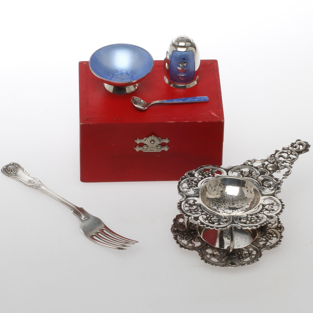 SILVER, 5 delar, delvis danskt med emaljdekor.