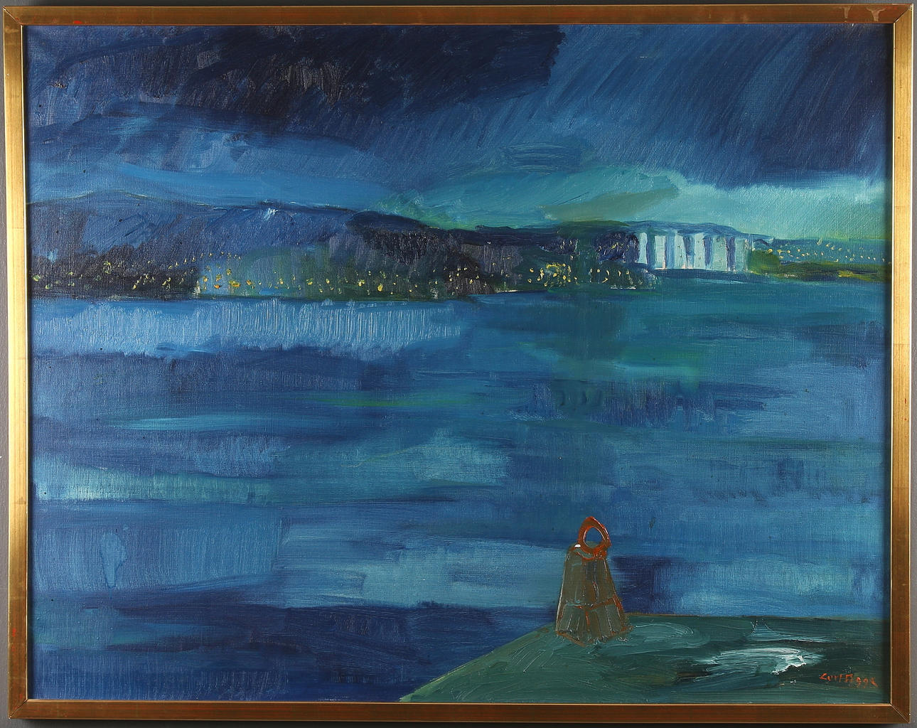 CURT AGGE. Vy över södra Sundsvall, olja på duk, signerad.