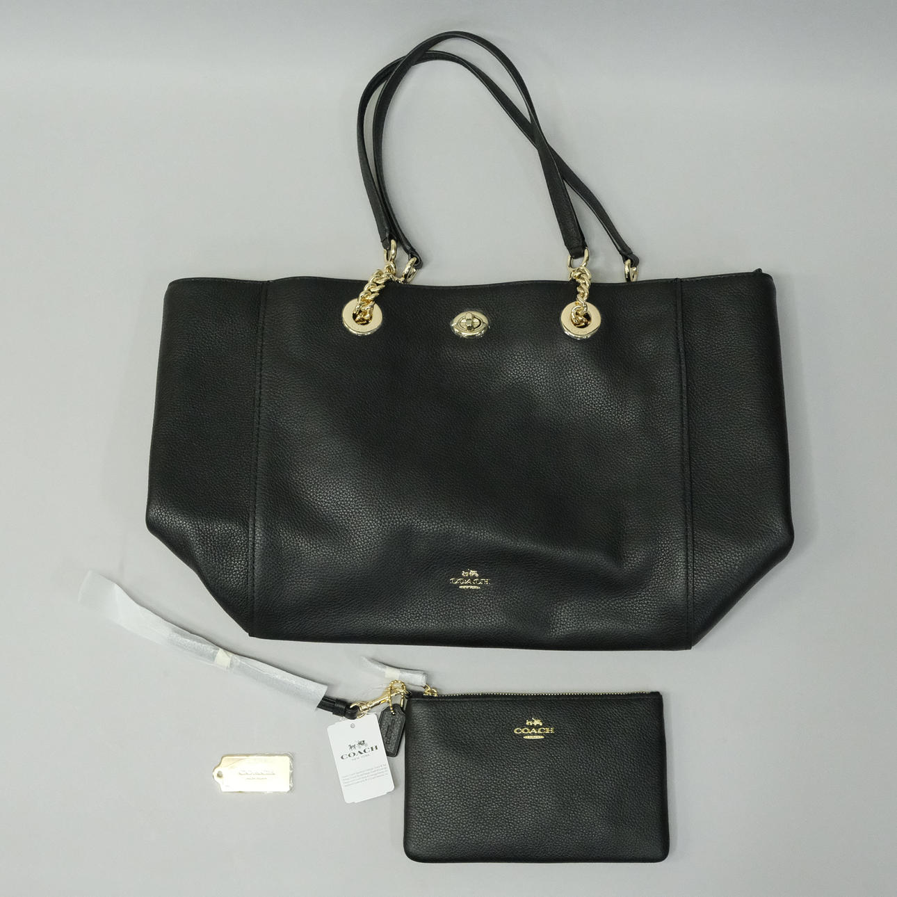 HANDBAG AND WALLET, COACH, TURNLOCK CHAIN BLACK TOTE BAG. Vintage 