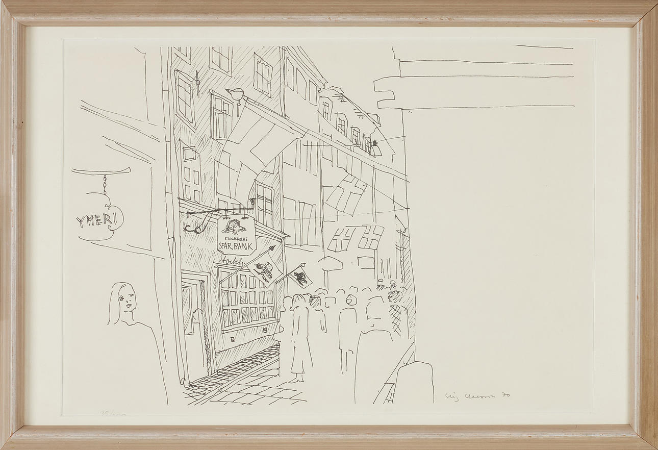 STIG (SLAS) CLAESSON. Stockholms Sparkbank, lithograph, signed and dated 70, numbered.