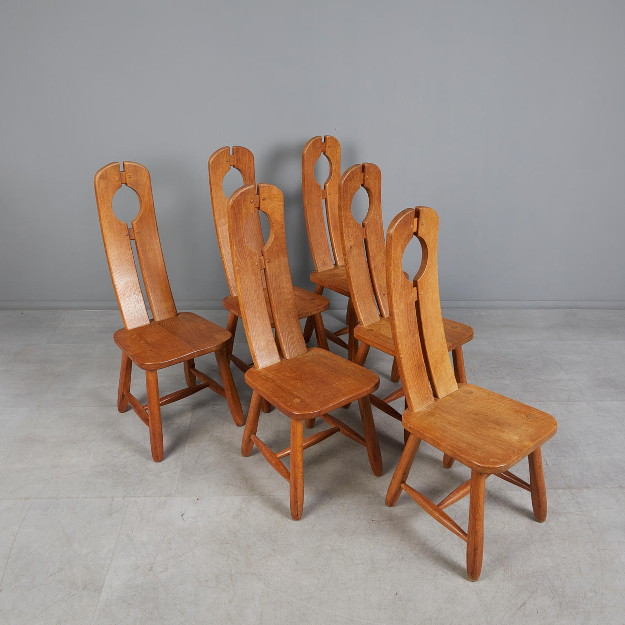 DE PUYDT. six brutalist chairs/ dining room chairs, oak, 1960s