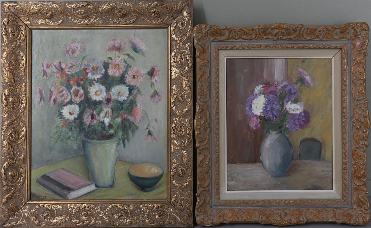OIDENTIFIERAD KONSTNÄR. Blomsterstilleben, 2 st, olja på duk, signerade R Thollenius.