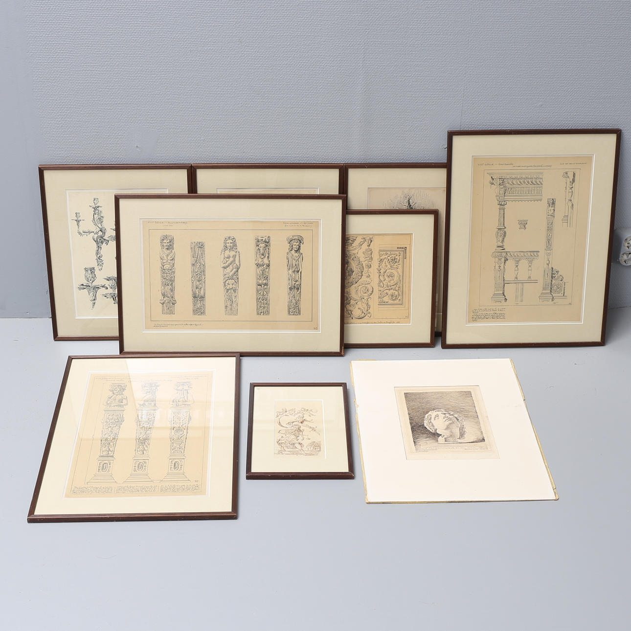 KARL HERMANSON. Arkitekt/inredningsteckningar, 9 st, tusch, signerade.