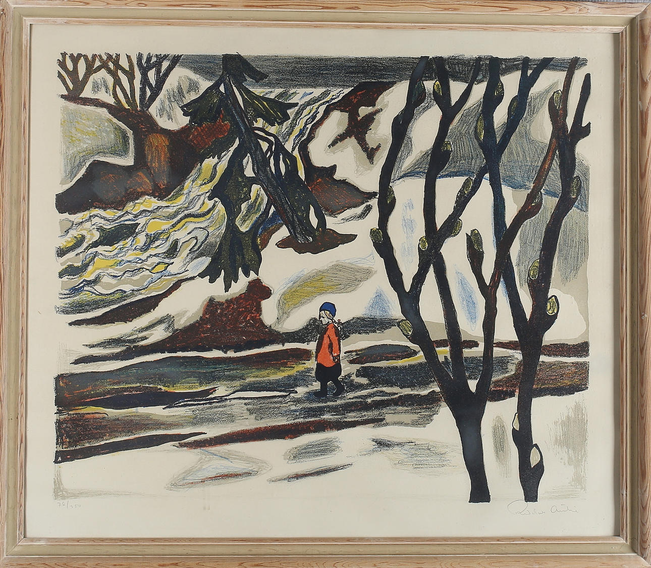 REIDAR AULIE. "Vårlösning", färglitografi, signerad samt numrerad 76/250 och daterad.