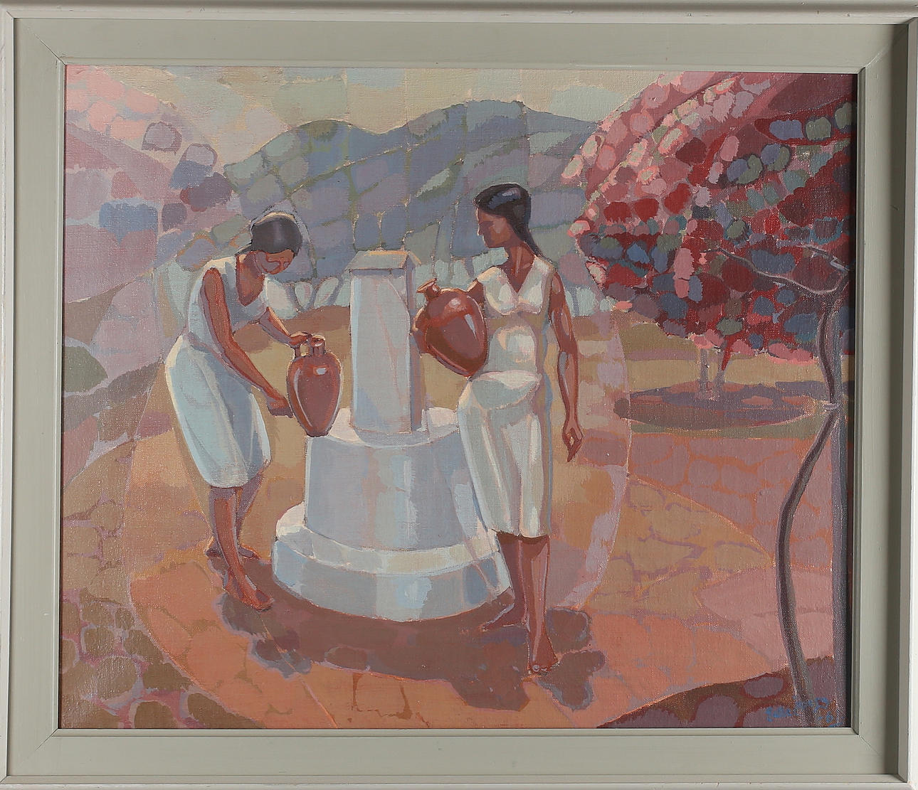 PALLE ÅBERG. "Flickor i trädgård", Los Christianos Teneriffa, olja på duk, signerad samt daterad -61.