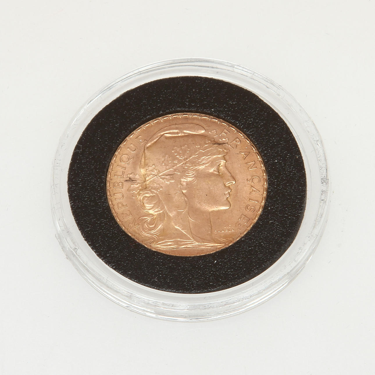MYNT, guld, 20 Francs, Marianne, Frankrike, 1908. Vikt 6,45 g.