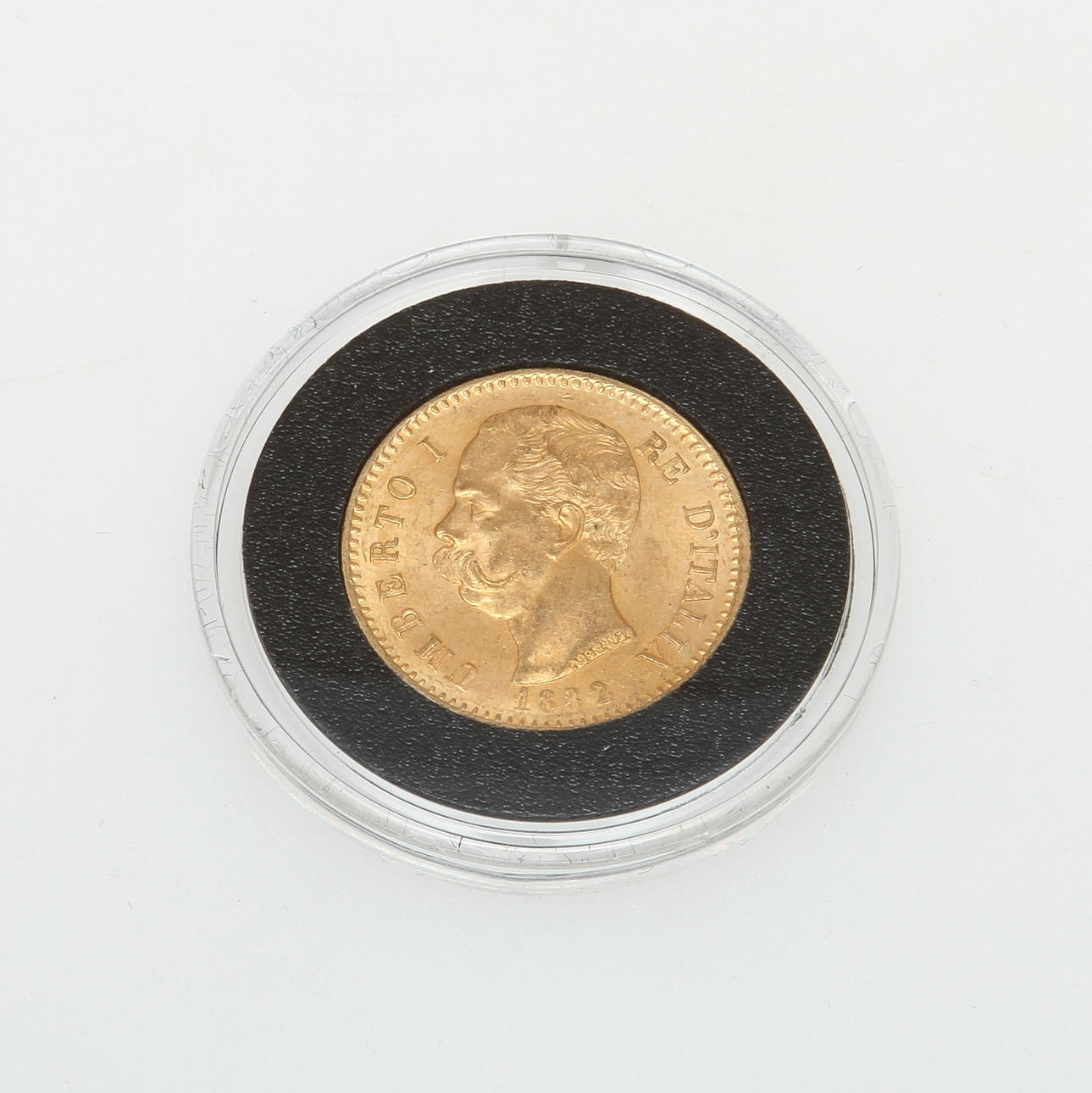 MYNT, guld, 20 Lire, Umberto I, Italien, 1882. Vikt 6,4 g.