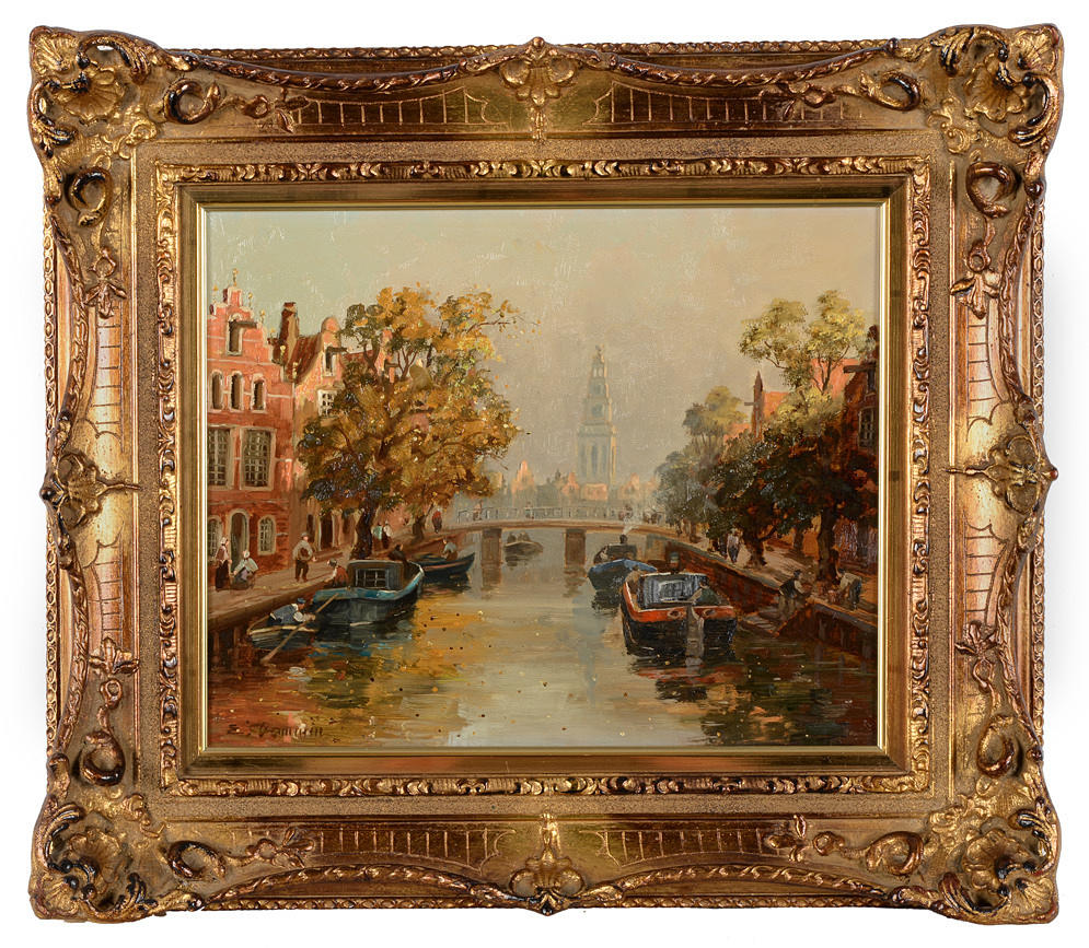 ERICH DEMMIN. Höstens soliga Amsterdam kanal med utsikt över Westerkerk.