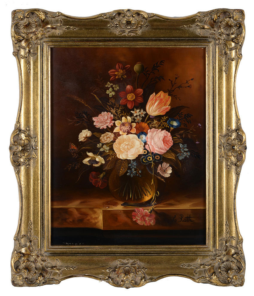 LADISLAUS RATH. Gamla mästare sommar blomma stilleben. Oljemålning i barockstil.