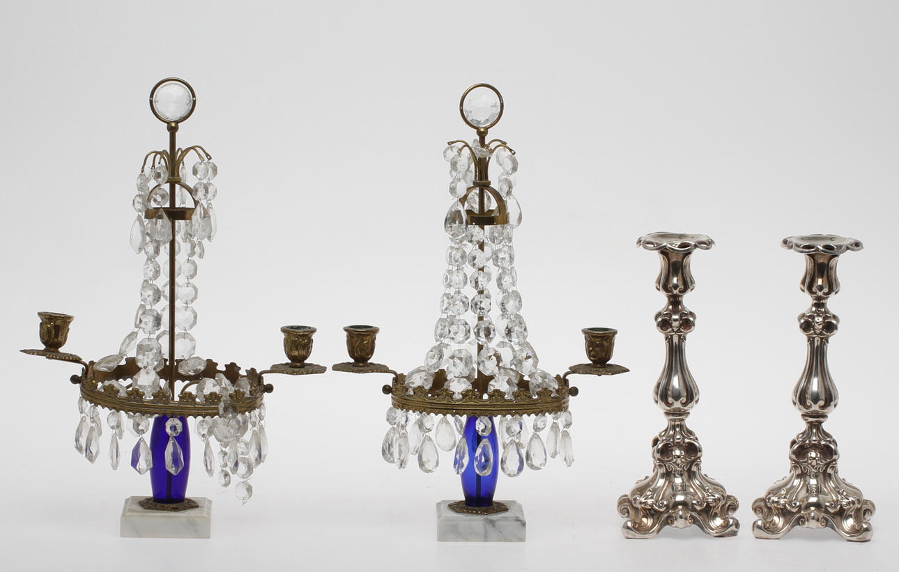 BORDSLYSTRAR, gustaviansk stil, LJUSSTAKAR, nysilver, rokokostil, 1900-tal.