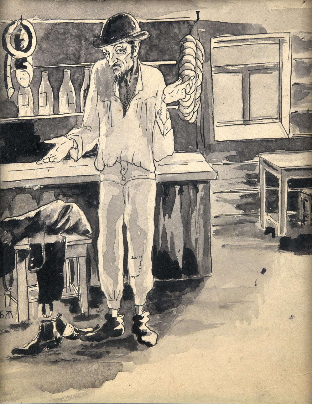 MONOGRASMMIST (UKRAINE, 20. JH.). ”Judisk köpman i sin butik”.