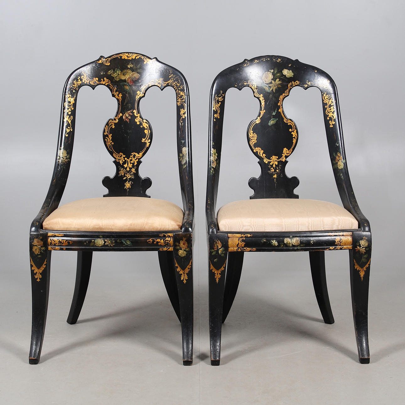 A PAIR OF 19TH CENTURY EBONISED, GILT AND PAINTED CHAIRS. Furniture ...