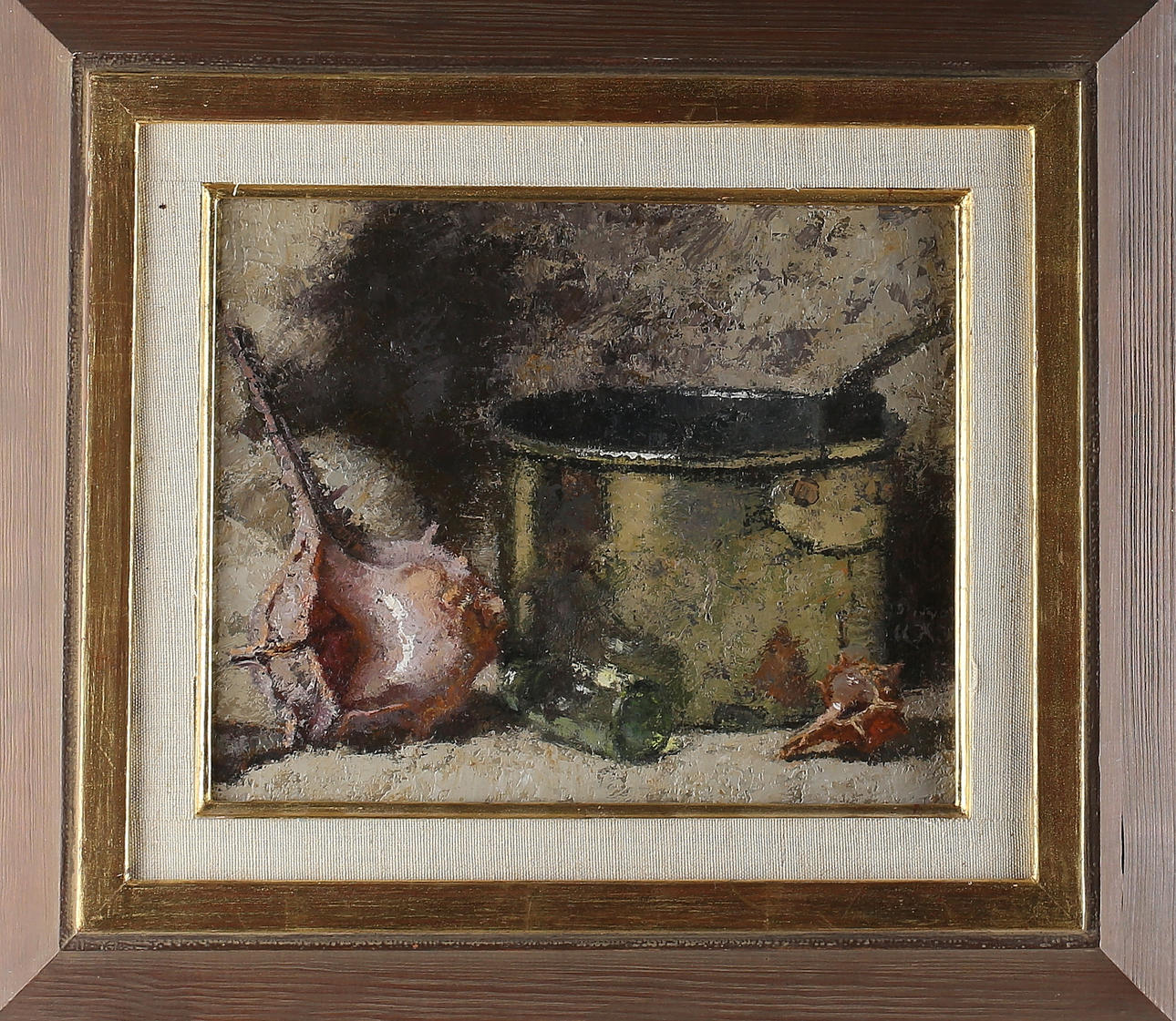 BROR OSCAR EUGEN BÖRJESON. "Kastrull o Snäckor", olja på pannå, monogramsignerad samt daterad otydligt.