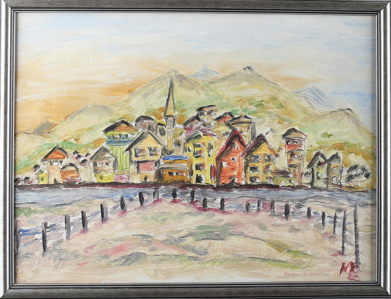 MELKER ANDERSSON. Kustlandskap med by, olja på pannå, signerad samt daterad -82.