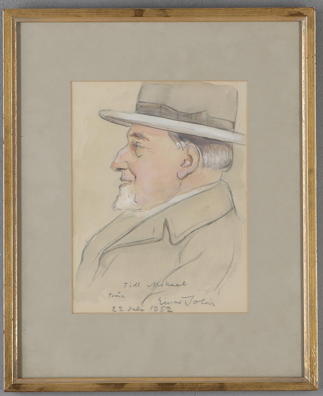 EINAR JOLIN. Porträtt föreställande Mikael A Scheremetiew-Angelini, blandteknik, signerad och daterad 1952.