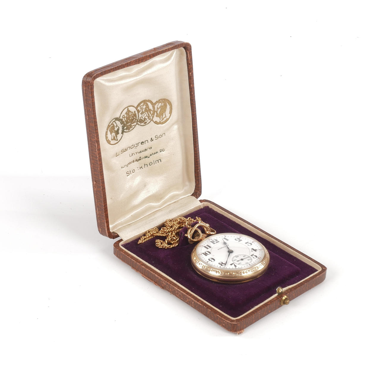 POCKET WATCH, Hamilton, with watch chain and case.