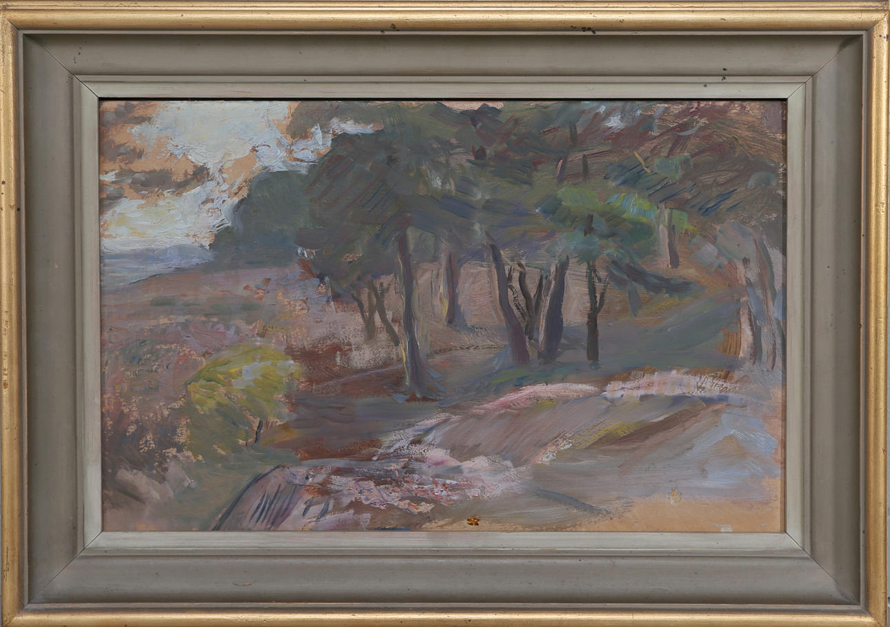 HANNA HIRSCH PAULI. TILLSKRIVEN. "Skogsbacke", olja på pannå, 1930/40-tal.