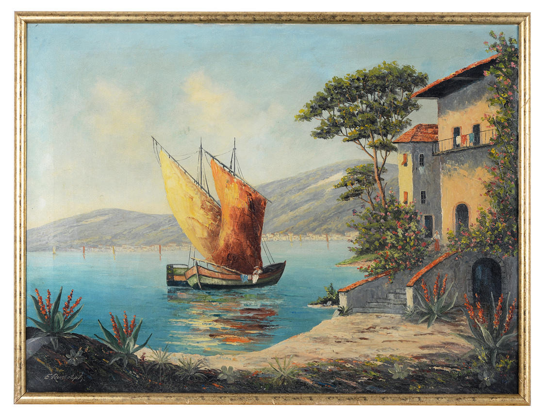 ERICH RUDOLPH. Neapelbukten. Medelhavskusten med segelbåt.