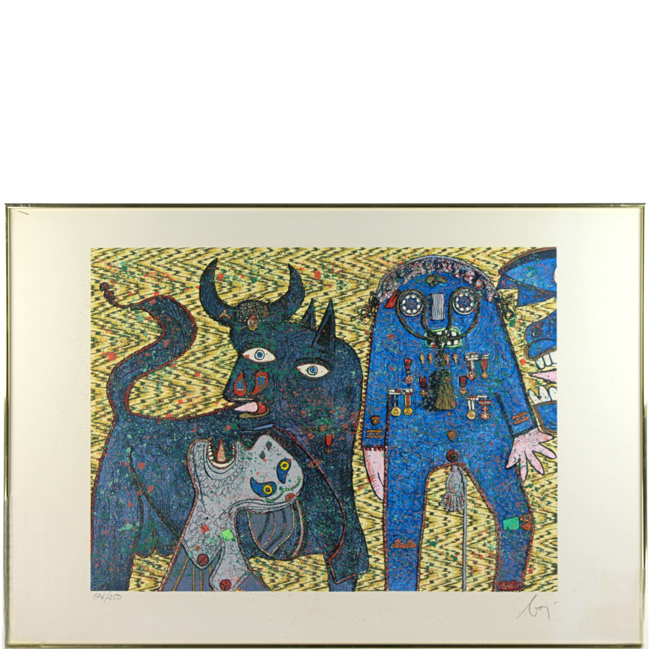 ENRICO BAJ. Lithograph, 174/250, composition with glitter embossing, signed.