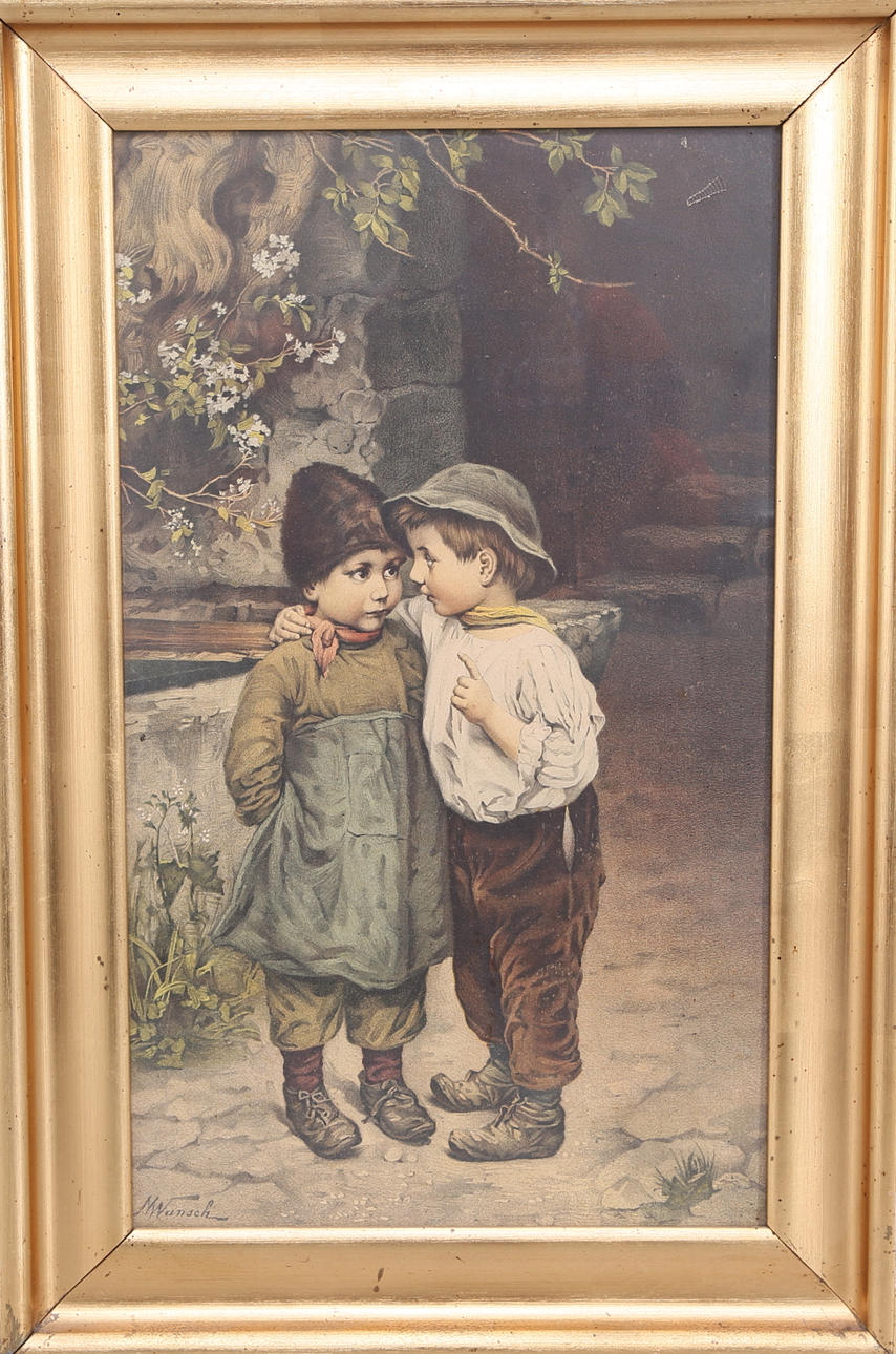 TRYCK, efter. M Wunsch, barn i samspråk, 1900-tal.