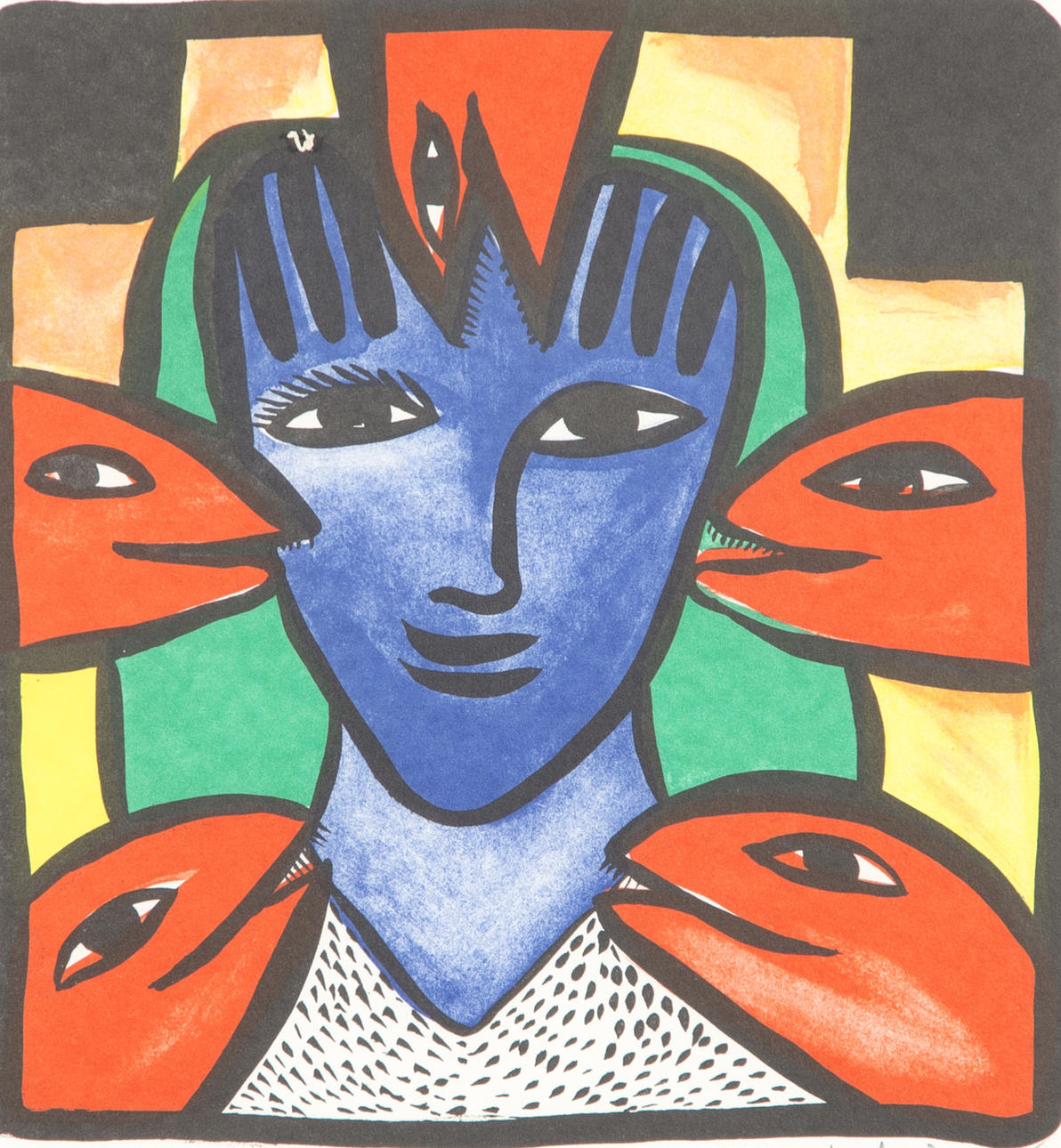 ULRICA HYDMAN VALLIN. Ansikte med ormar, färglitografi, signerad Ulrica HV.