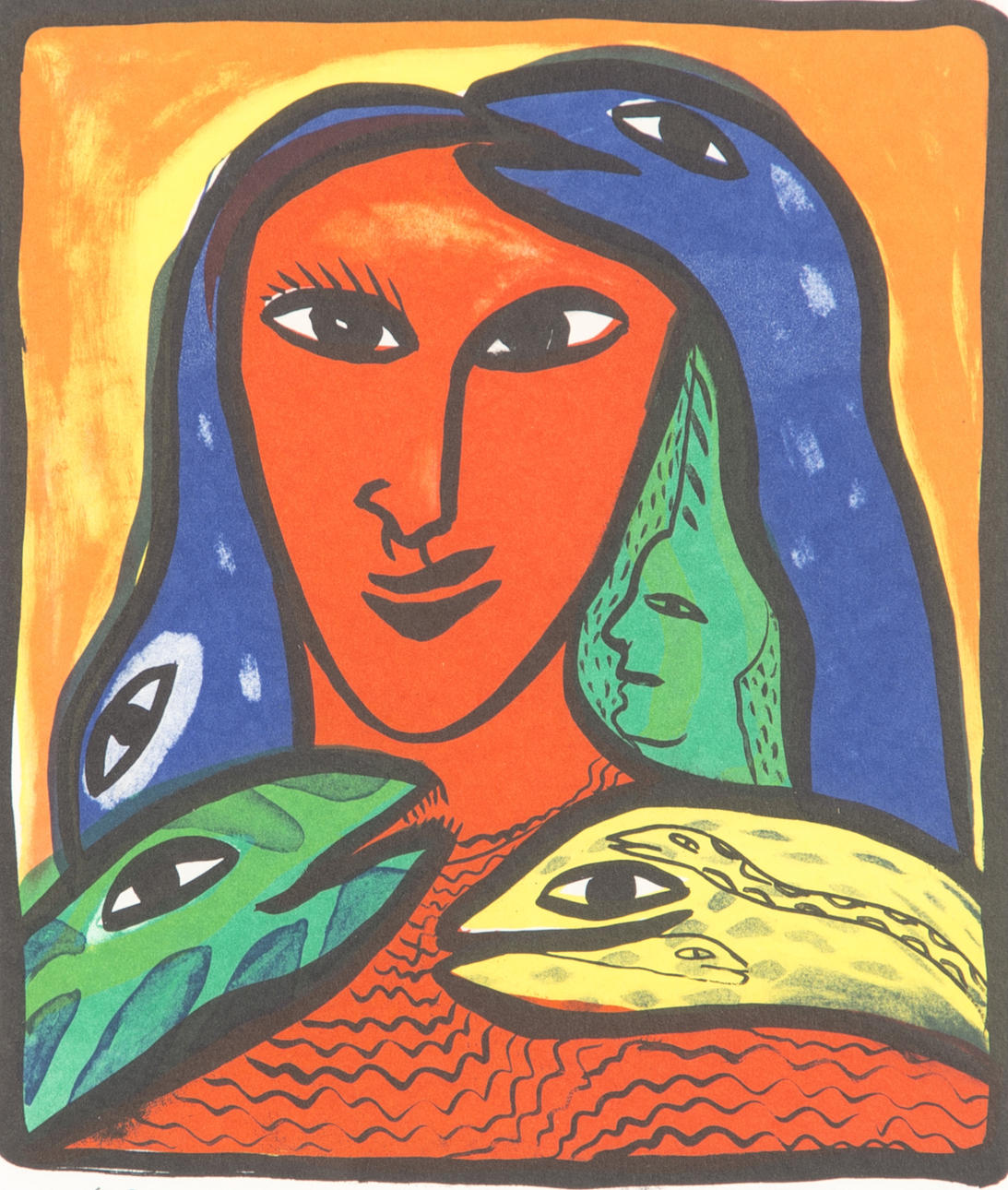 ULRICA HYDMAN VALLIN. Ansikte med ormar, färglitografi, signerad Ulrica HV.