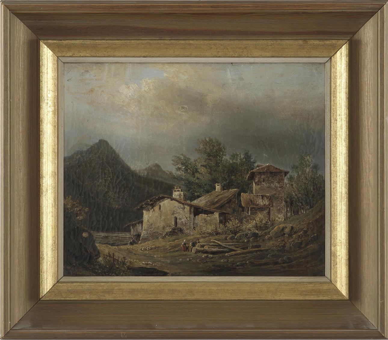 OKÄND KONSTNÄR. Landställe med figurer. Olja på duk. 1800-tal. Signerad, uppfodrad på papp.