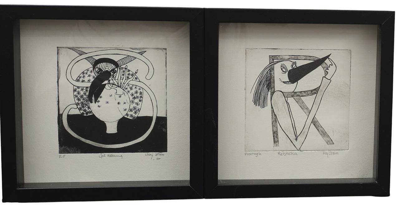 OIDENTIFIERAD KONSTNÄR. lithographs, 2 pcs., “Retsticka” sample print, “Spåkärring” E.T. Signed Maj Ström, and the latter dated -07.