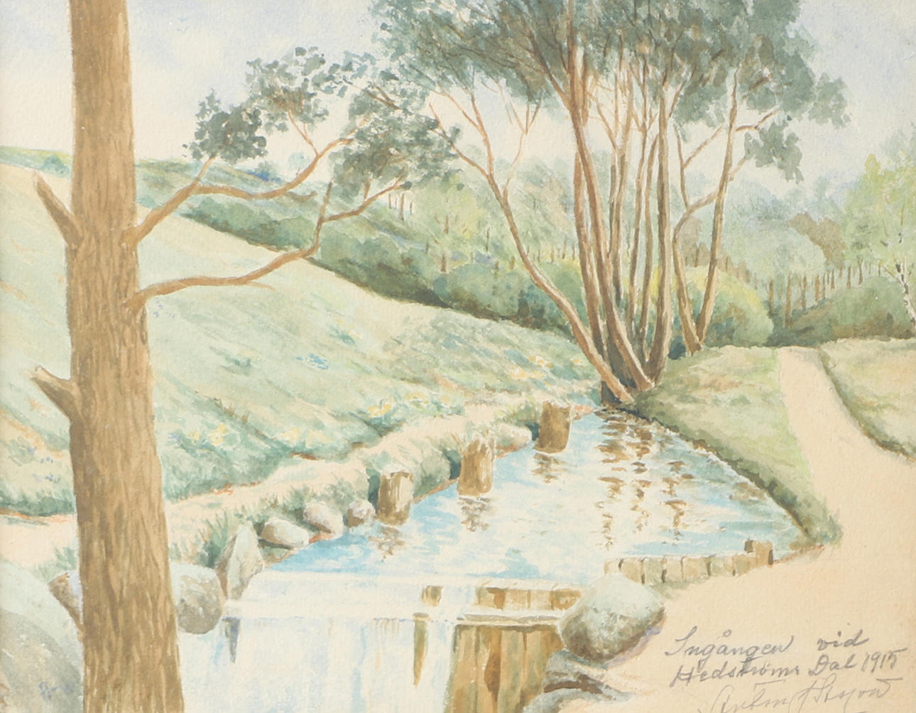 OIDENTIFIERAD KONSTNÄR. Landskap med bäck, akvarell, otydligt signerad.