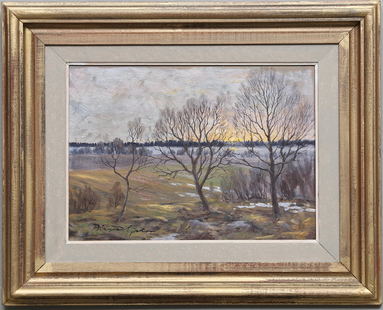 BIRGER HJELM. "Aprilkväll vid Vättern". Olja på pannå, signerad och daterad a tergo 1954.