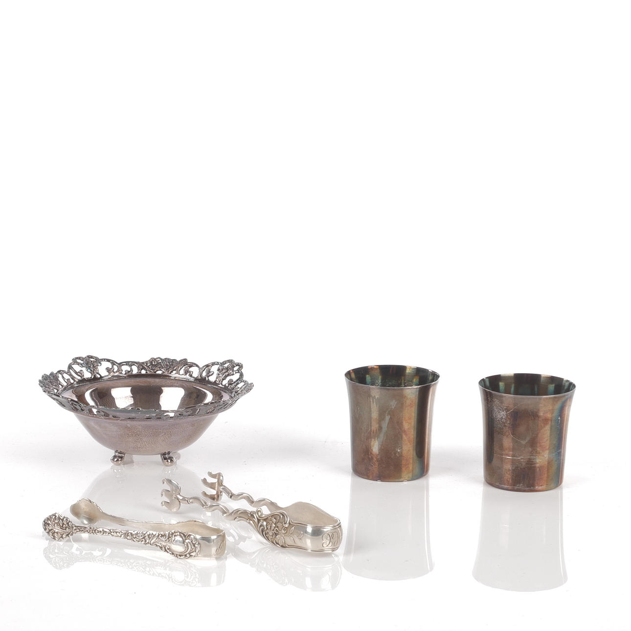 PLIERS, BEAKER, BOWL. 5 pcs, silver.