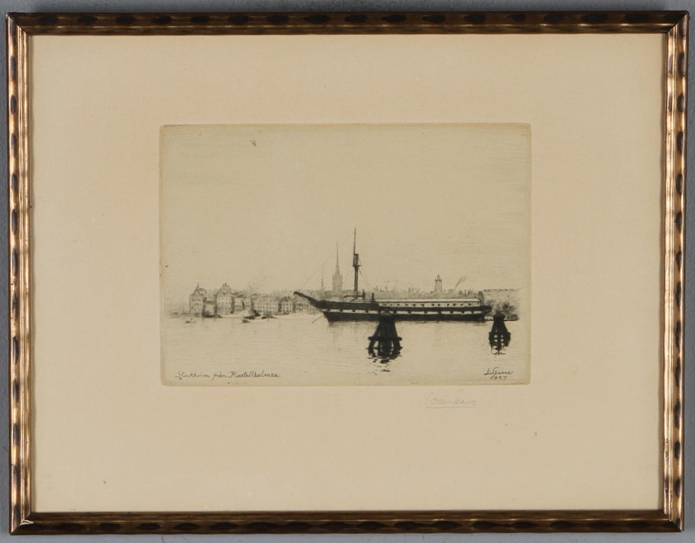LOUIS SPARRE. "Stockholm från Kastellholmen", etsning, signerad och daterad 1927 i plåten.