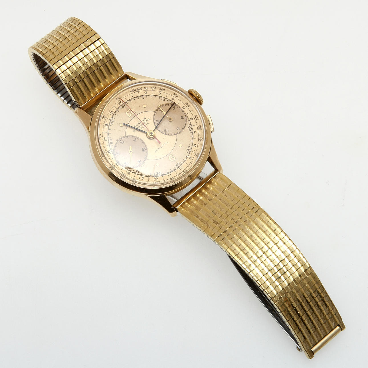 HERRARMBANDSUR, Mundus Chronographe 17 rubis. 18k. Troligen 1930-tal.