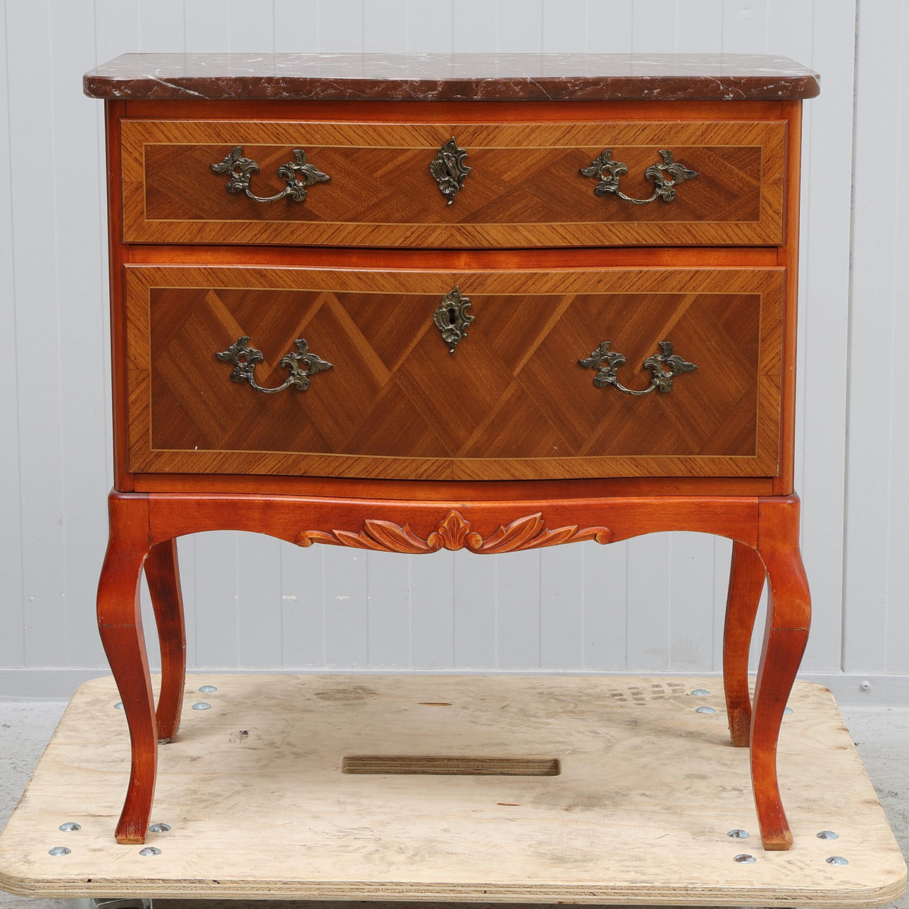 Chest of drawers, rococo style, intarsia, with stone top, second half ...