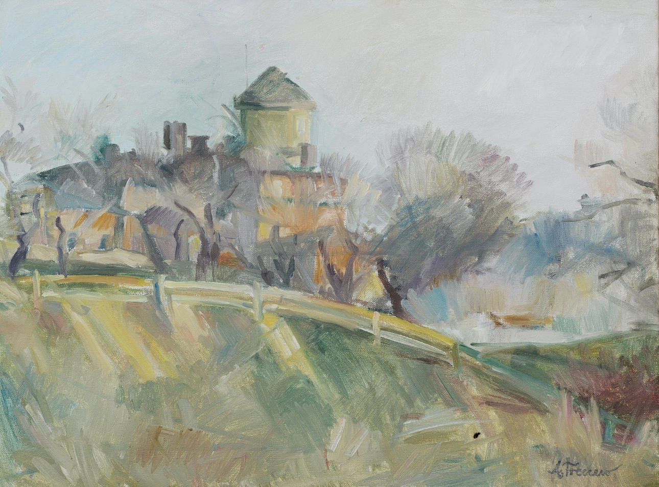 AGNETA FRECCERO. Farm view, oil on canvas, signed.