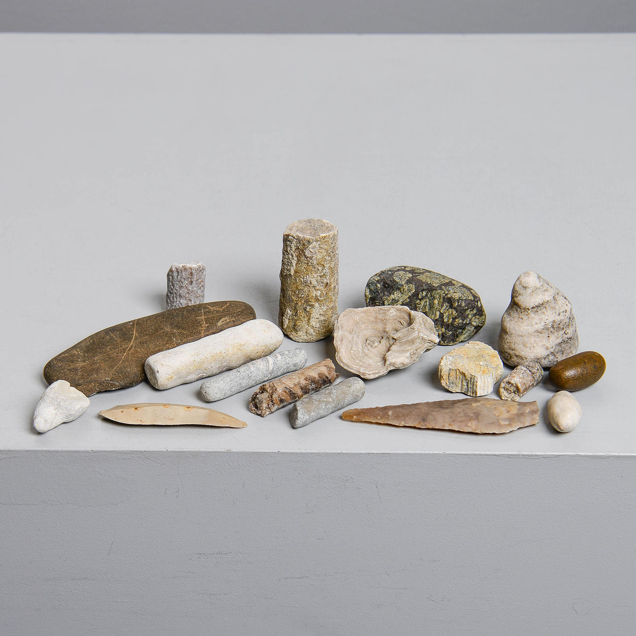 FOSSILS & ANCIENT IMPLEMENTS, 17 pieces, flint & other rocks ...
